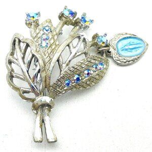 Miraculous Medal Bouquet Pin Silver Tone Aurora Borealis Beads Christian Faith